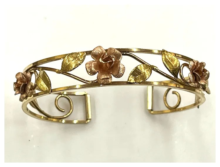 Vintage Krementz Open Rose 14K Gold and Rose Gold Filled Leaf Cuff Bracelet - 2
