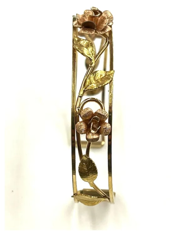 Vintage Krementz Open Rose 14K Gold and Rose Gold Filled Leaf Cuff Bracelet - 3