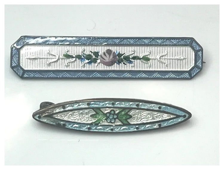 Two Vintage Guilloche Enamel Floral Brooches/Pins - 2