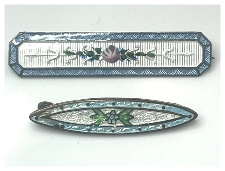 Two Vintage Guilloche Enamel Floral Brooches/Pins - 3