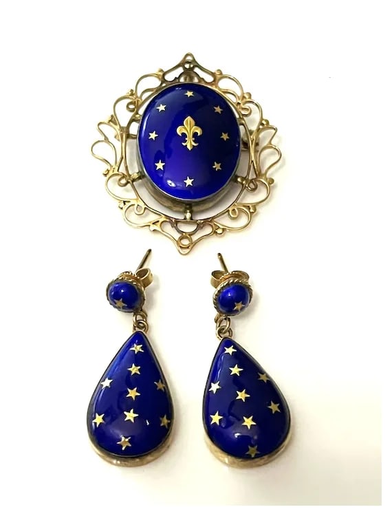 Antique French 14k Gold Blue Celestial Enamel Earrings and Fleur Di Lis Pendant/Brooch Set - 2