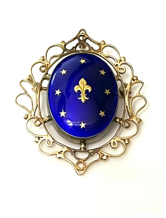 Antique French 14k Gold Blue Celestial Enamel Earrings and Fleur Di Lis Pendant/Brooch Set - 3