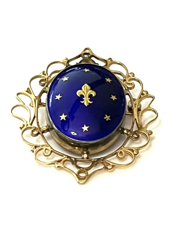Antique French 14k Gold Blue Celestial Enamel Earrings and Fleur Di Lis Pendant/Brooch Set - 4
