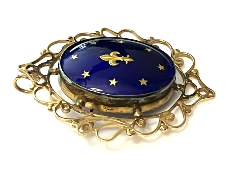 Antique French 14k Gold Blue Celestial Enamel Earrings and Fleur Di Lis Pendant/Brooch Set - 5