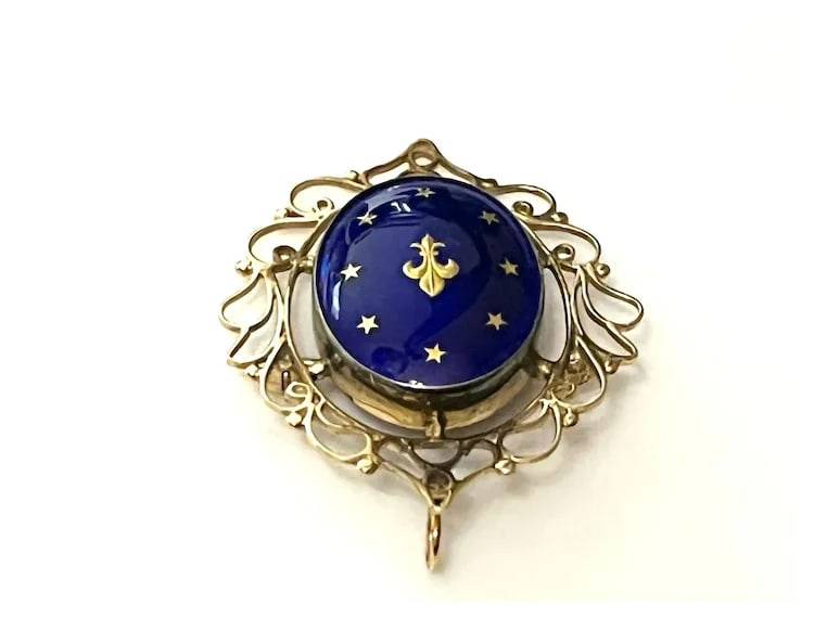 Antique French 14k Gold Blue Celestial Enamel Earrings and Fleur Di Lis Pendant/Brooch Set - 6