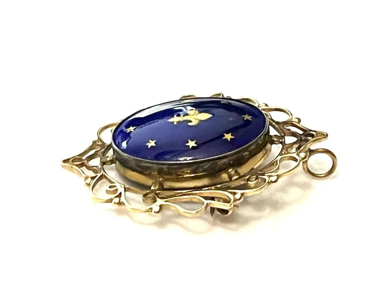 Antique French 14k Gold Blue Celestial Enamel Earrings and Fleur Di Lis Pendant/Brooch Set - 7