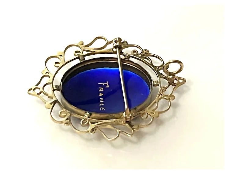 Antique French 14k Gold Blue Celestial Enamel Earrings and Fleur Di Lis Pendant/Brooch Set - 9