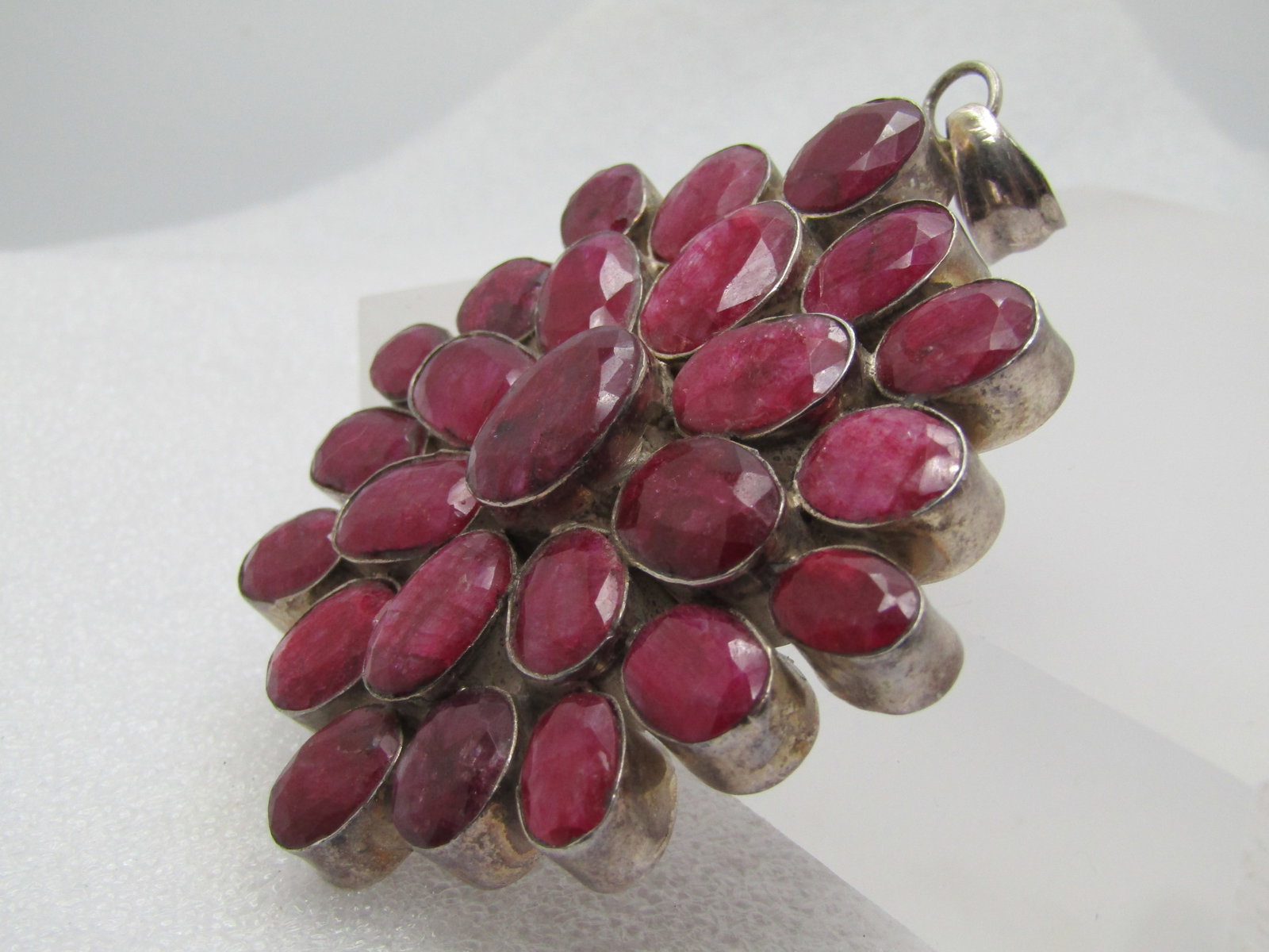 Vintage Sterling Natural Ruby Cluster Pendant, 3.25" , 1980-1990's - 2