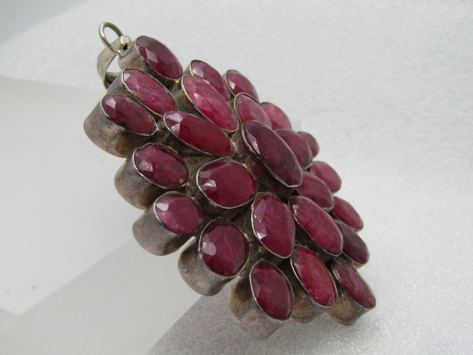 Vintage Sterling Natural Ruby Cluster Pendant, 3.25" , 1980-1990's - 3