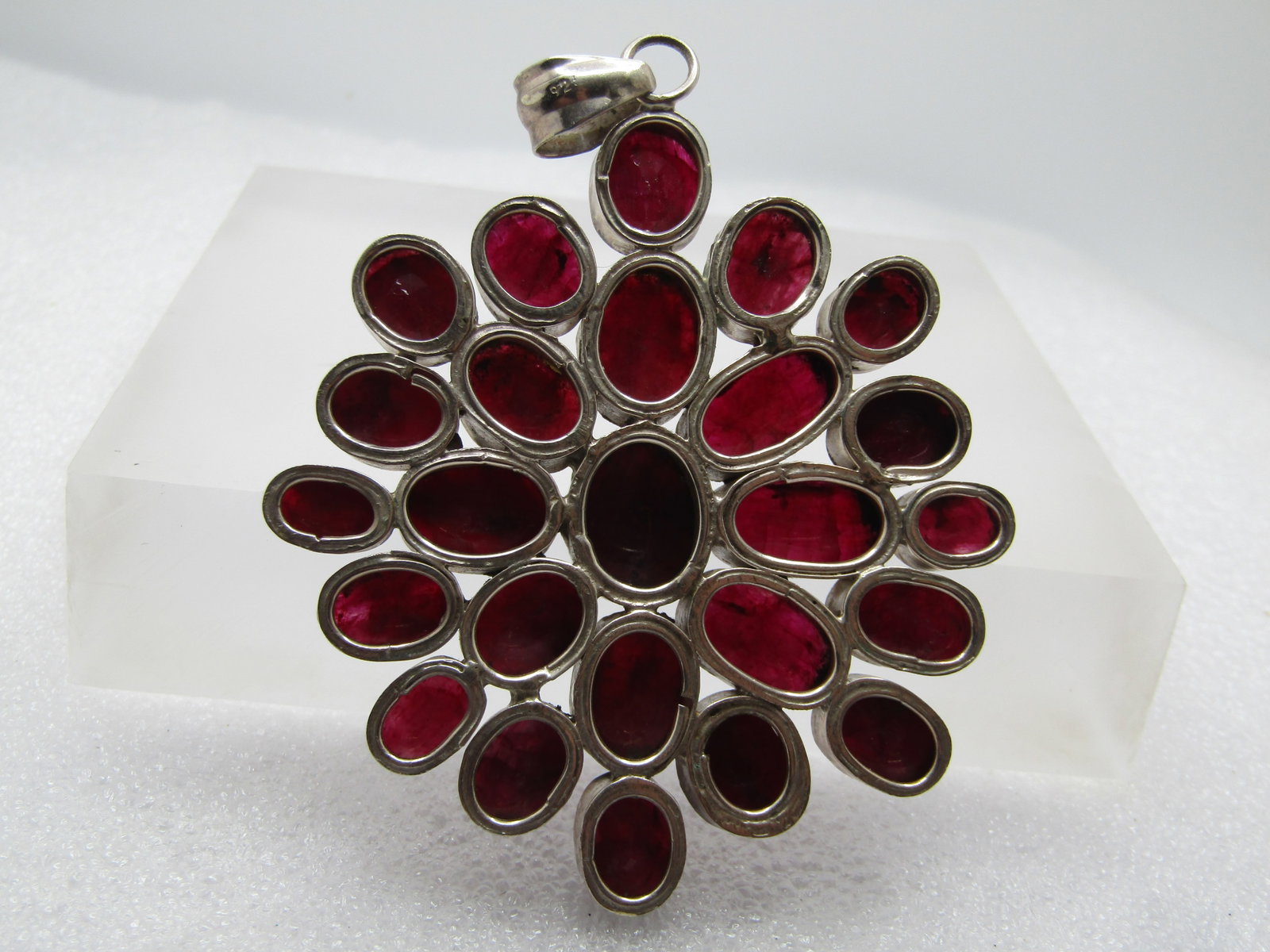 Vintage Sterling Natural Ruby Cluster Pendant, 3.25" , 1980-1990's - 4