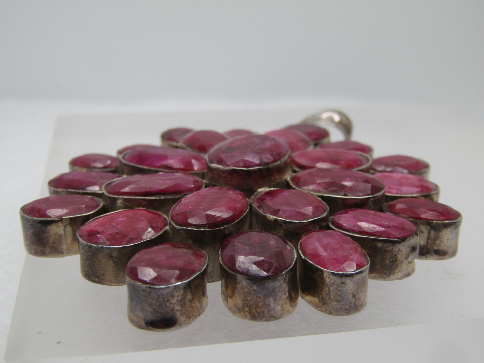 Vintage Sterling Natural Ruby Cluster Pendant, 3.25" , 1980-1990's - 5