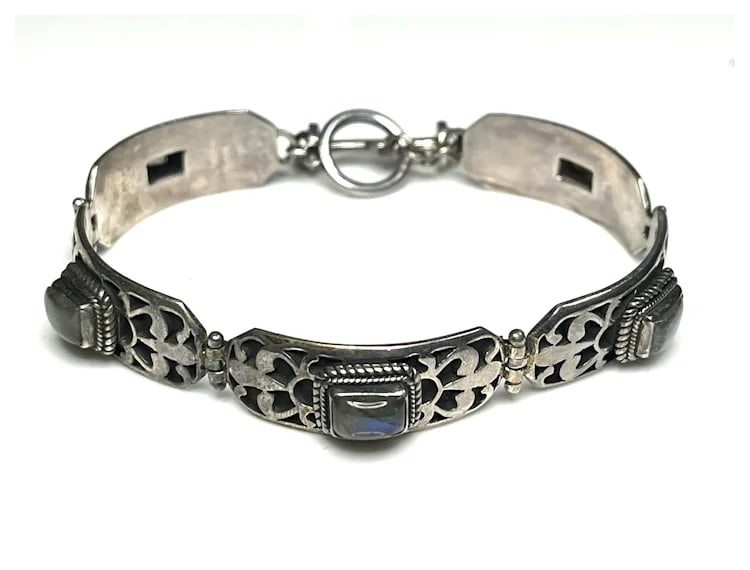 Estate Sterling Silver Nepal Labradorite Garnet Link Bracelet - 2