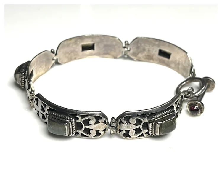 Estate Sterling Silver Nepal Labradorite Garnet Link Bracelet - 5