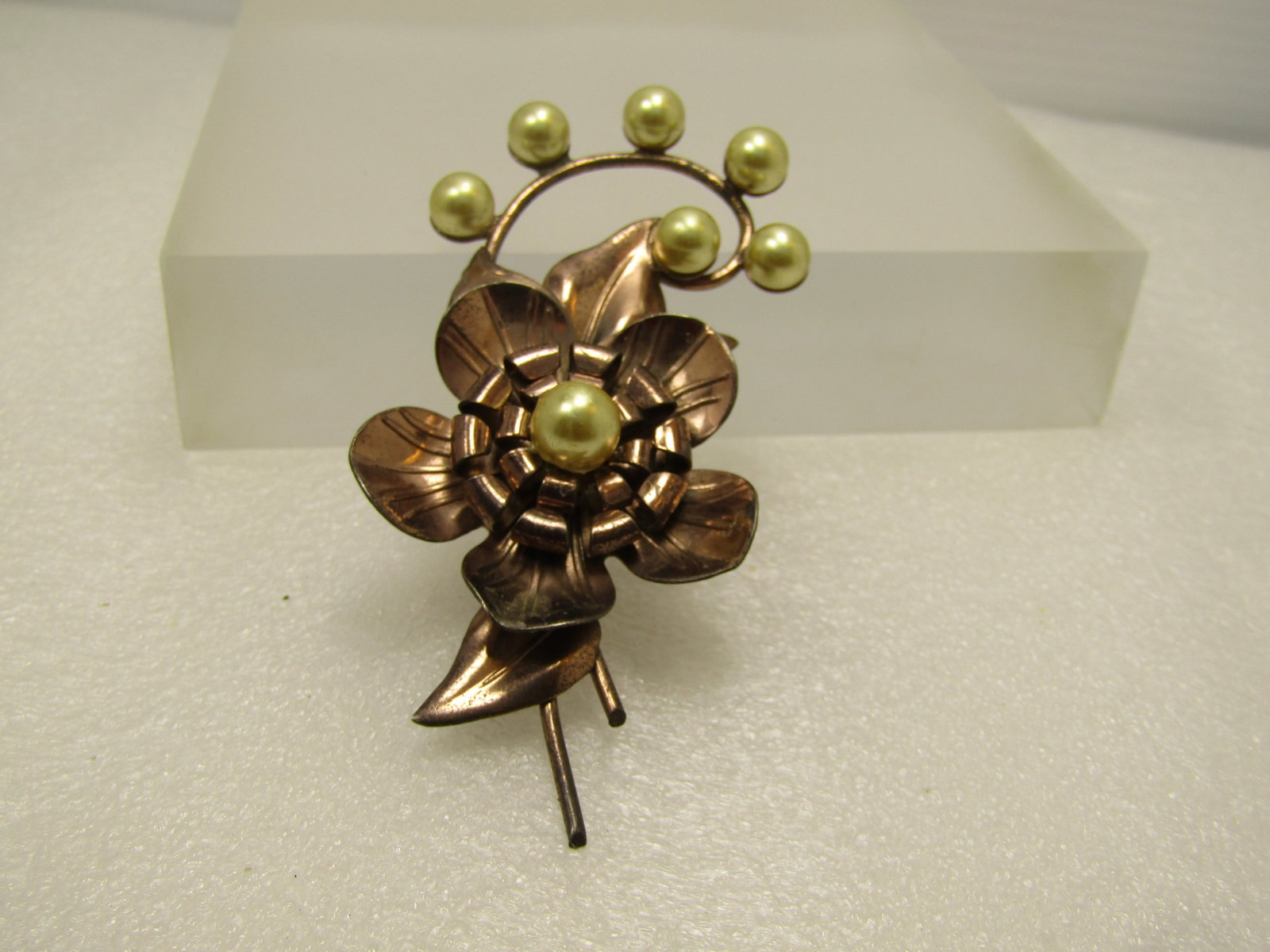 Vintage 1940's Faux Pearl Sterling Floral Brooch 3.25" tall and 1.5" wide - 2