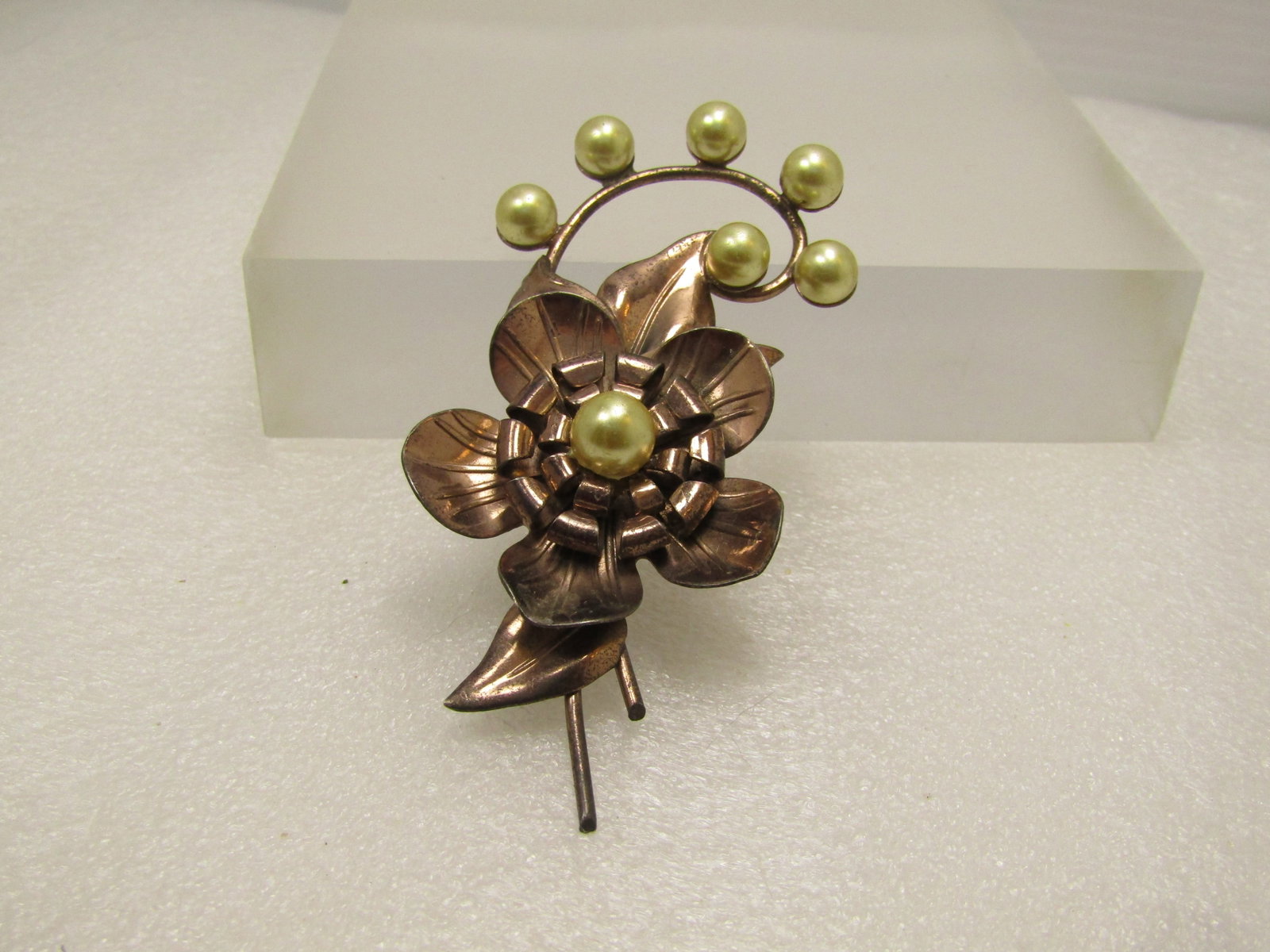 Vintage 1940's Faux Pearl Sterling Floral Brooch 3.25" tall and 1.5" wide - 4