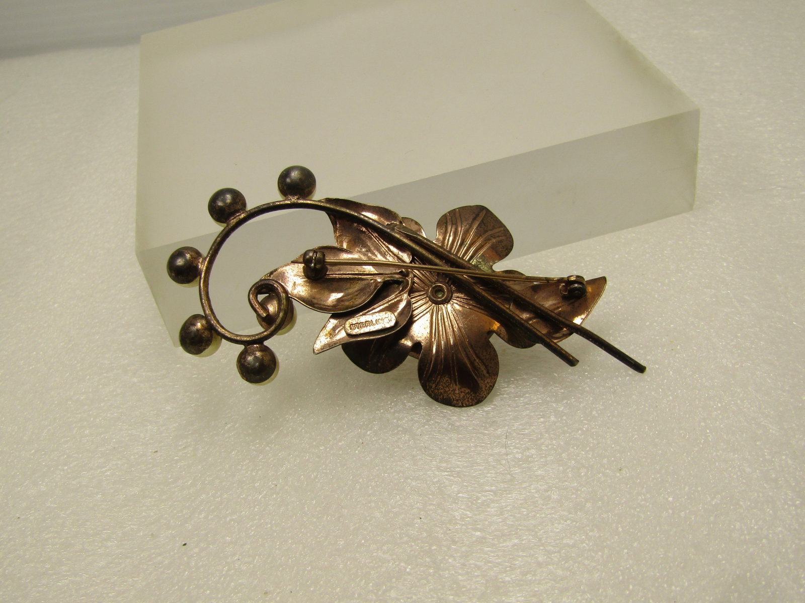 Vintage 1940's Faux Pearl Sterling Floral Brooch 3.25" tall and 1.5" wide - 5