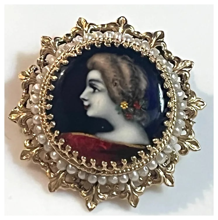 Exquisite Vintage 14k Limoges France Hand Painted Cameo with Seed Pearls - 2