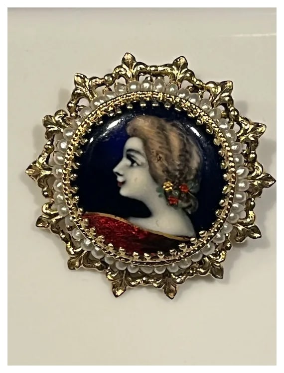 Exquisite Vintage 14k Limoges France Hand Painted Cameo with Seed Pearls - 3