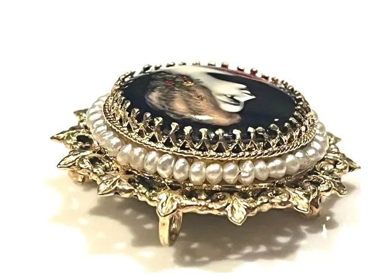 Exquisite Vintage 14k Limoges France Hand Painted Cameo with Seed Pearls - 5