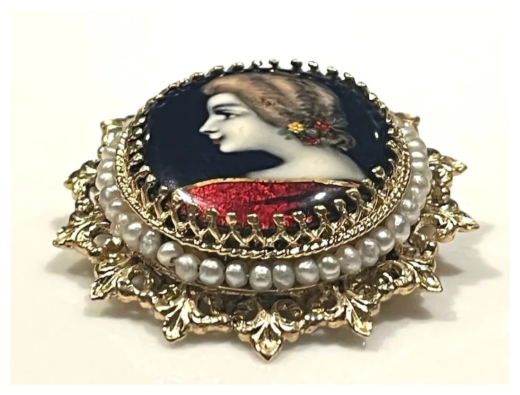 Exquisite Vintage 14k Limoges France Hand Painted Cameo with Seed Pearls - 6