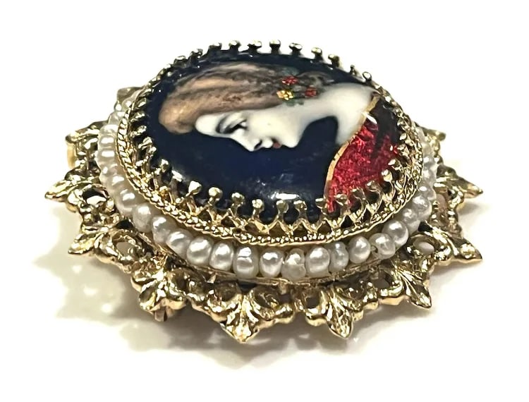 Exquisite Vintage 14k Limoges France Hand Painted Cameo with Seed Pearls - 8