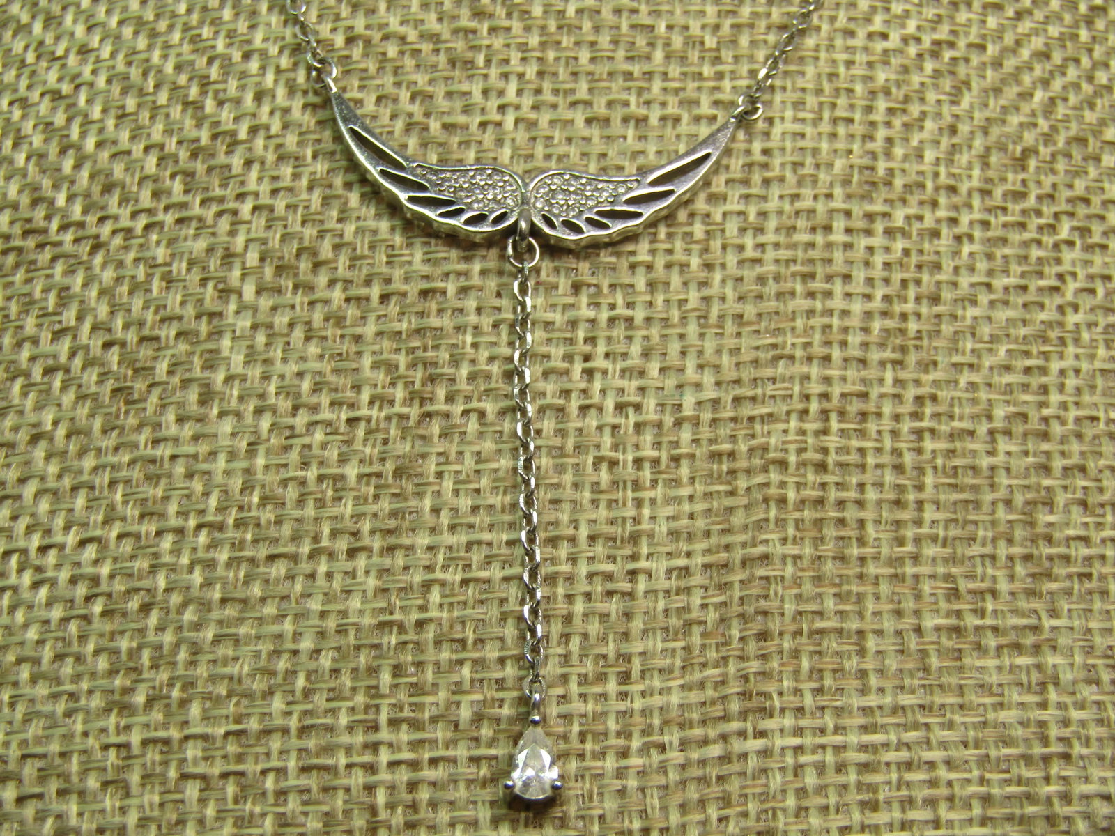 Sterling Silver Wings Necklace with Dangle and CZ/Rhinestones, 16", 1990's - 2