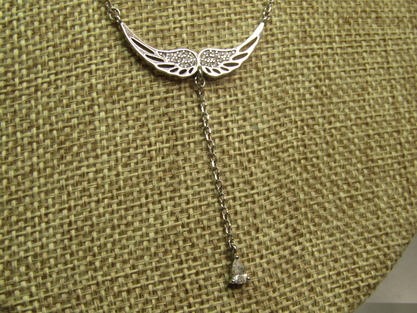 Sterling Silver Wings Necklace with Dangle and CZ/Rhinestones, 16", 1990's - 3
