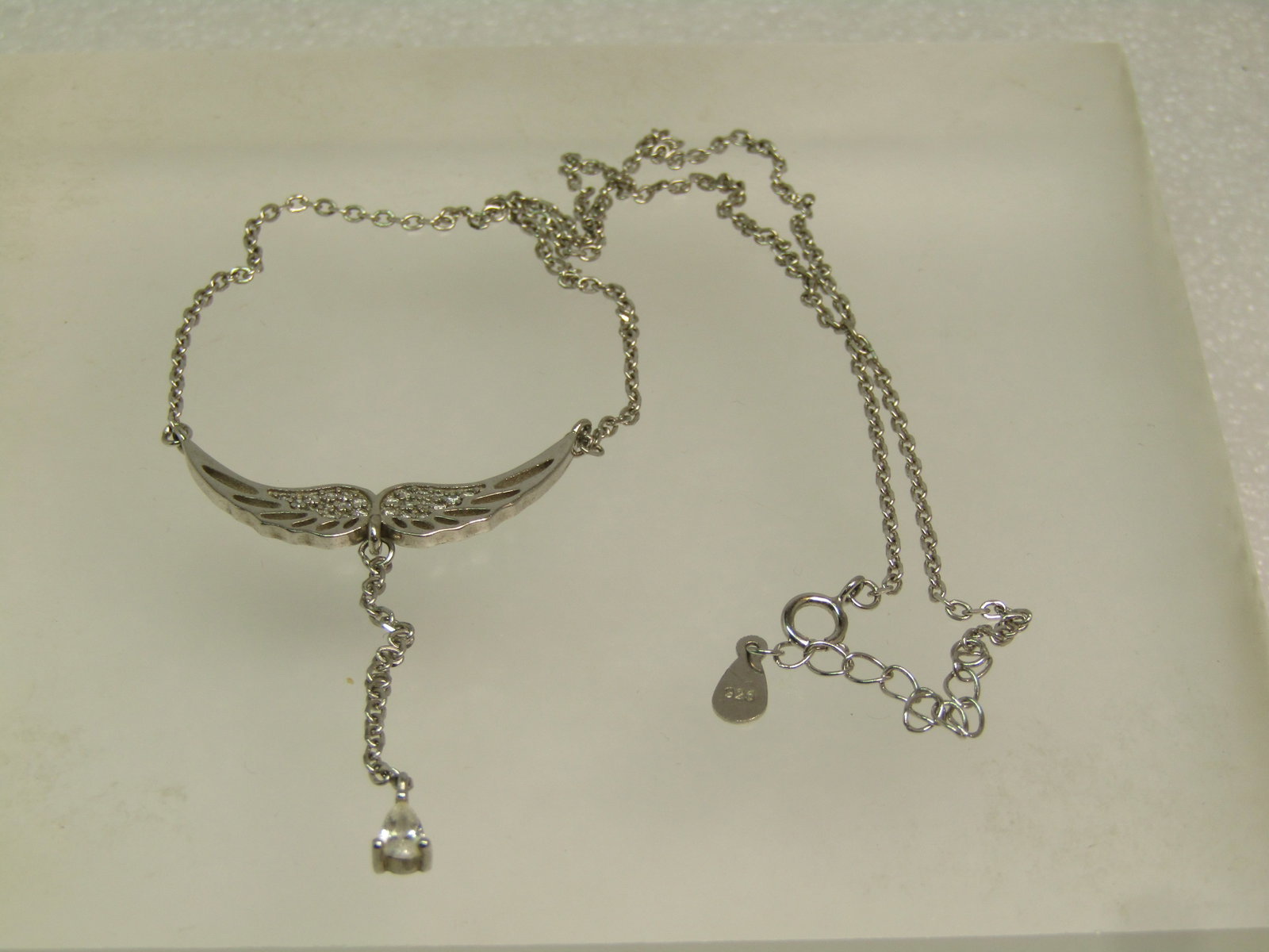 Sterling Silver Wings Necklace with Dangle and CZ/Rhinestones, 16", 1990's - 4