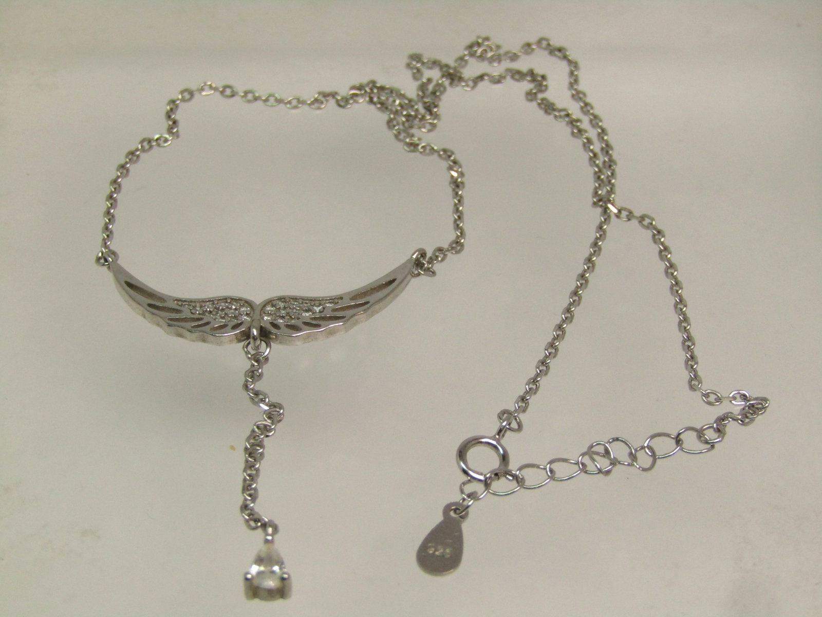 Sterling Silver Wings Necklace with Dangle and CZ/Rhinestones, 16", 1990's - 5