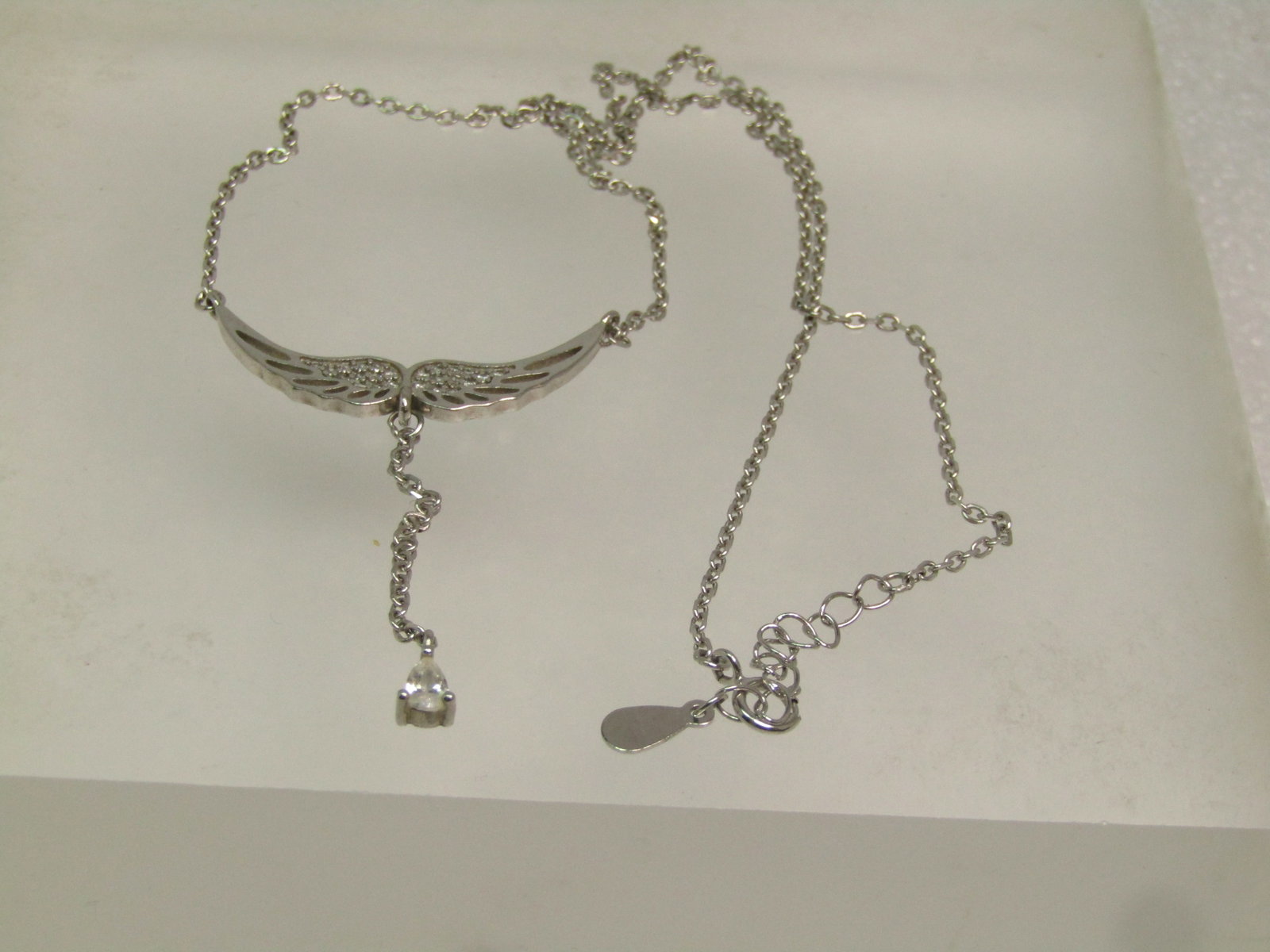 Sterling Silver Wings Necklace with Dangle and CZ/Rhinestones, 16", 1990's - 6