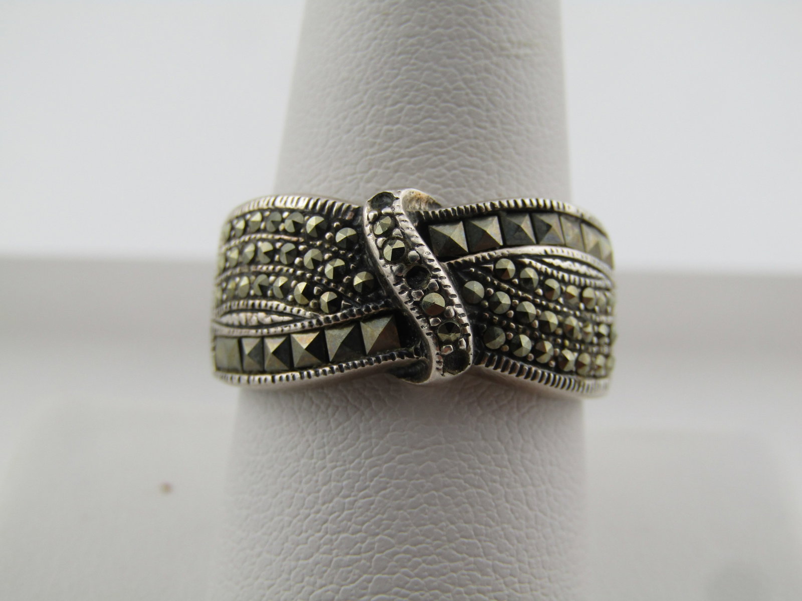 Vintage Sterling Marcasite Wide Ring, Sz. 9.5, 1980's: Title: Vintage Sterling Marcasite Wide Ring, Sz. 9.5, 1980's Description: Vintage Sterling Marcasite Wide Ring, Sz. 9.5, 1980's or slightly after. The ring is appx. 10mm wide at the widest point on to