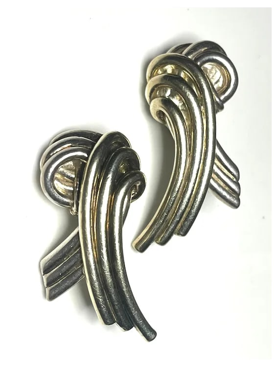 Vintage M.H Large Modernist Style Sterling Silver Clip-On Earrings - 2