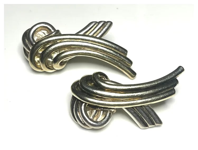 Vintage M.H Large Modernist Style Sterling Silver Clip-On Earrings - 4