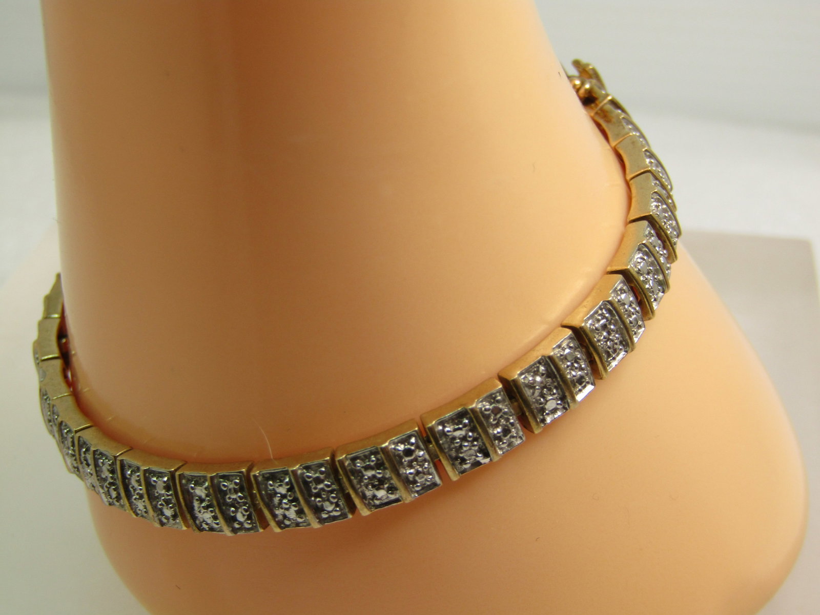 Vintage Sterling Gold Over Bracelet, Diamond Ilussion, 7.5", 1980's, Signed R. - 3