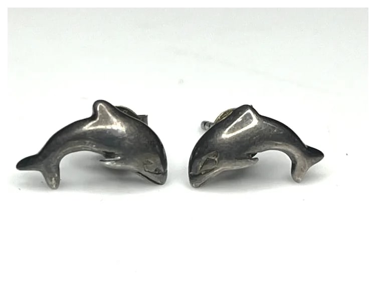 Vintage Sterling Silver Dolphin Studd Earrings - 2