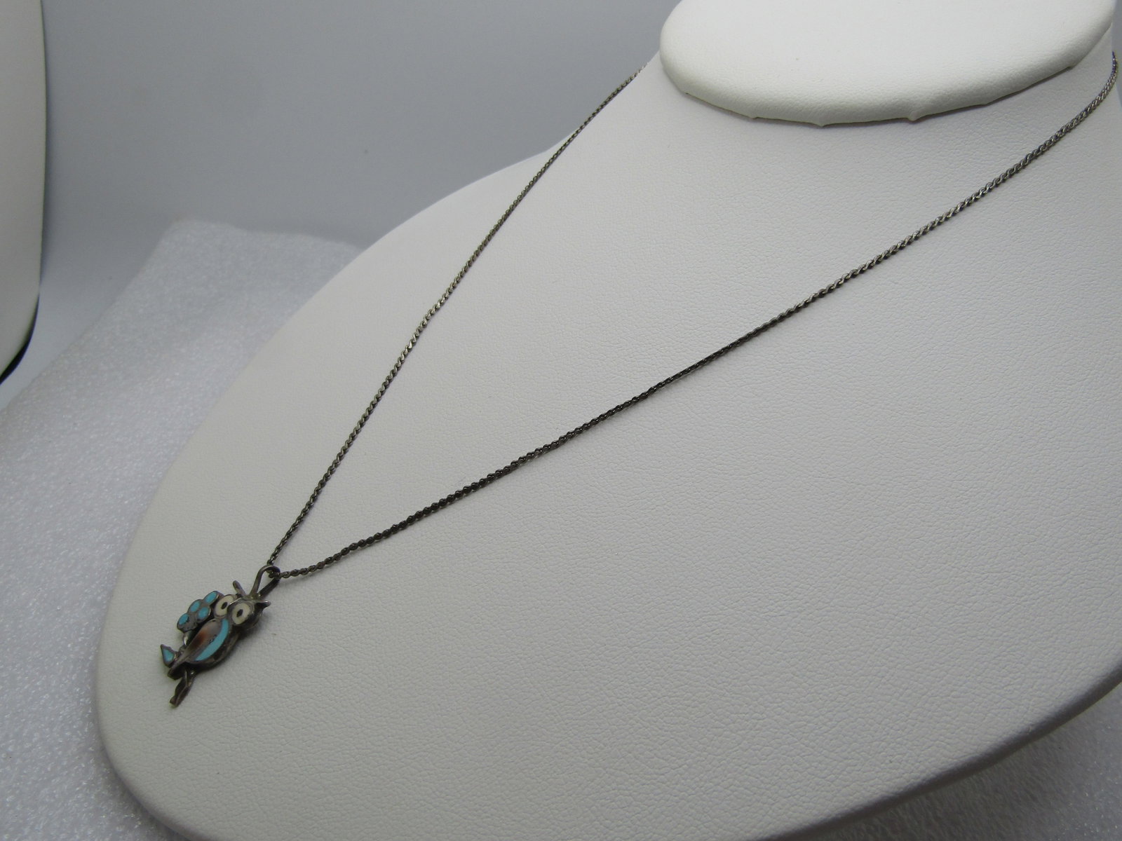 Vintage Sterling Inlaid Owl Pendant/Necklace 16", 1960's-1970's - 2