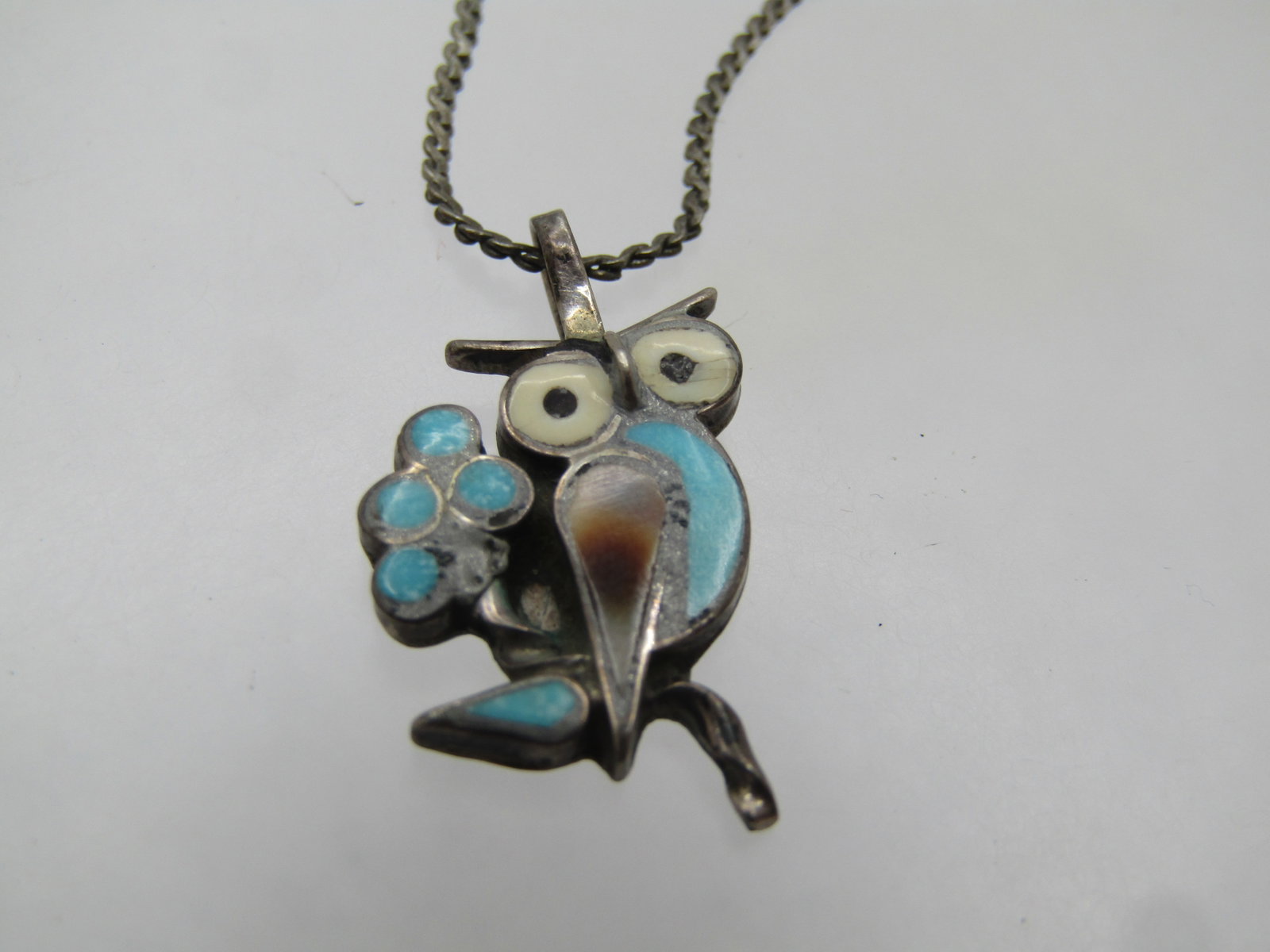 Vintage Sterling Inlaid Owl Pendant/Necklace 16", 1960's-1970's - 5
