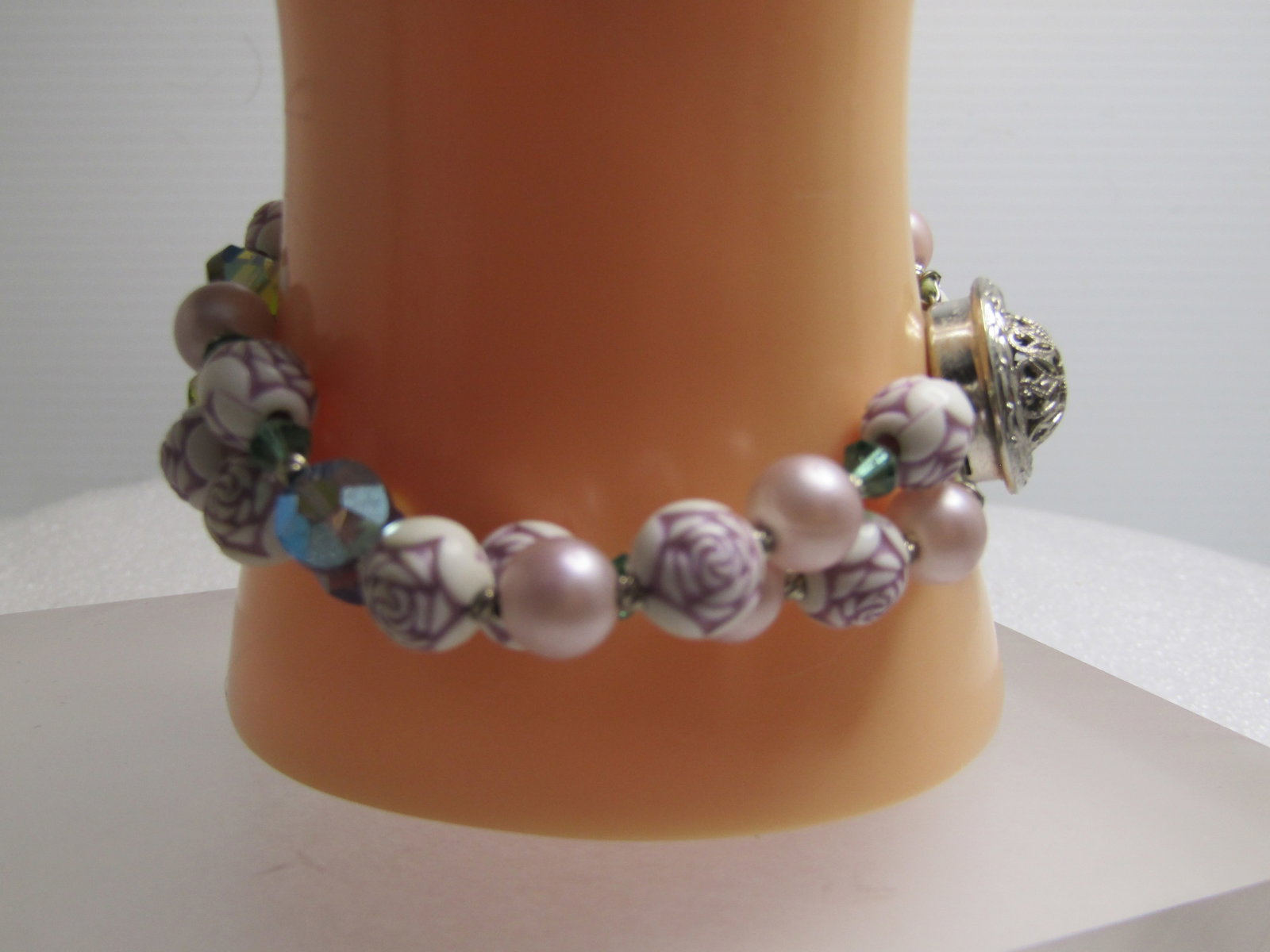 Vintage Double Strand Floral Bracelet, Crystal Beads Too, 7.5", Box Clasp, 1960's - 3