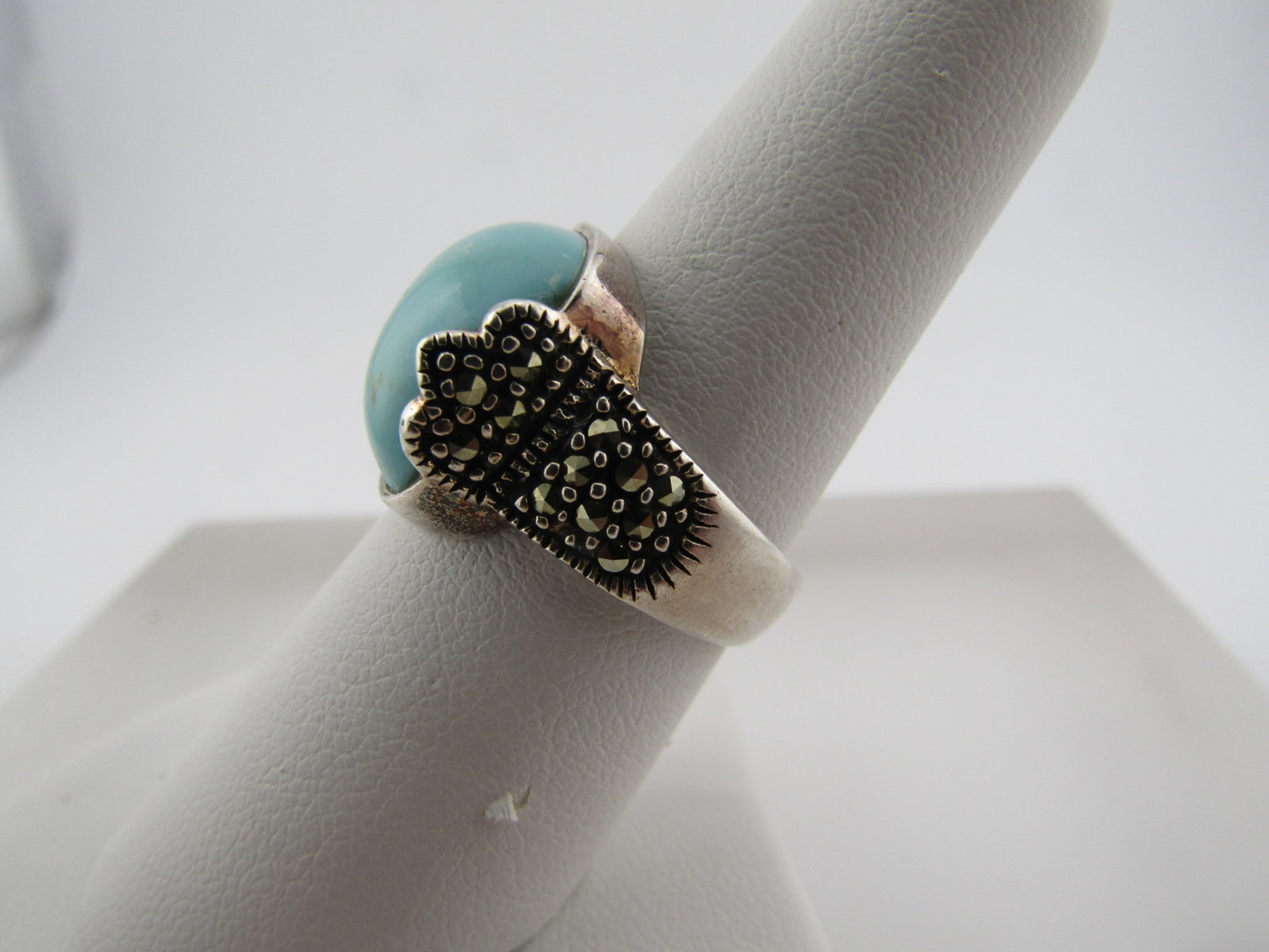 Vintage Sterling Faux Marcasite Turquoise Ring, Sz. 7.25, 1980's-1990's - 2