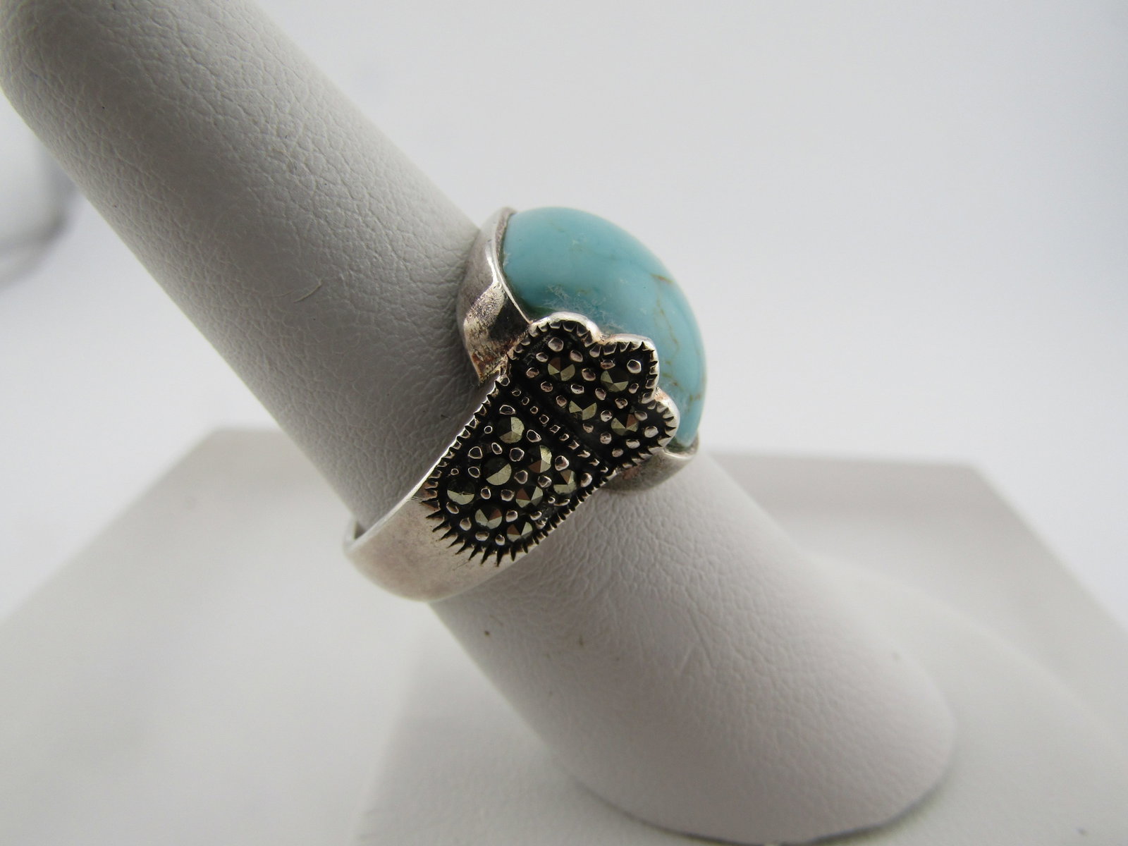 Vintage Sterling Faux Marcasite Turquoise Ring, Sz. 7.25, 1980's-1990's - 3
