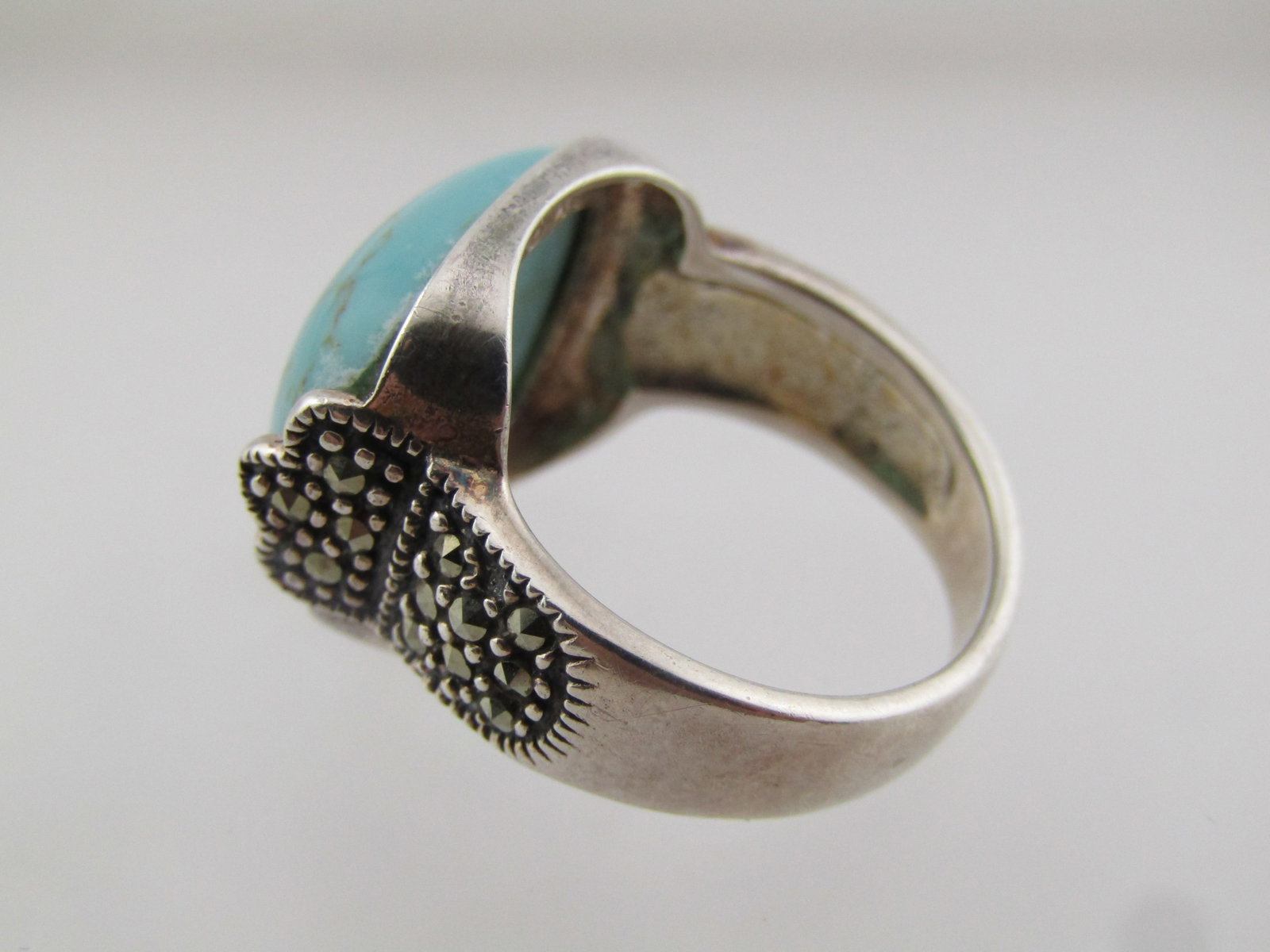 Vintage Sterling Faux Marcasite Turquoise Ring, Sz. 7.25, 1980's-1990's - 5