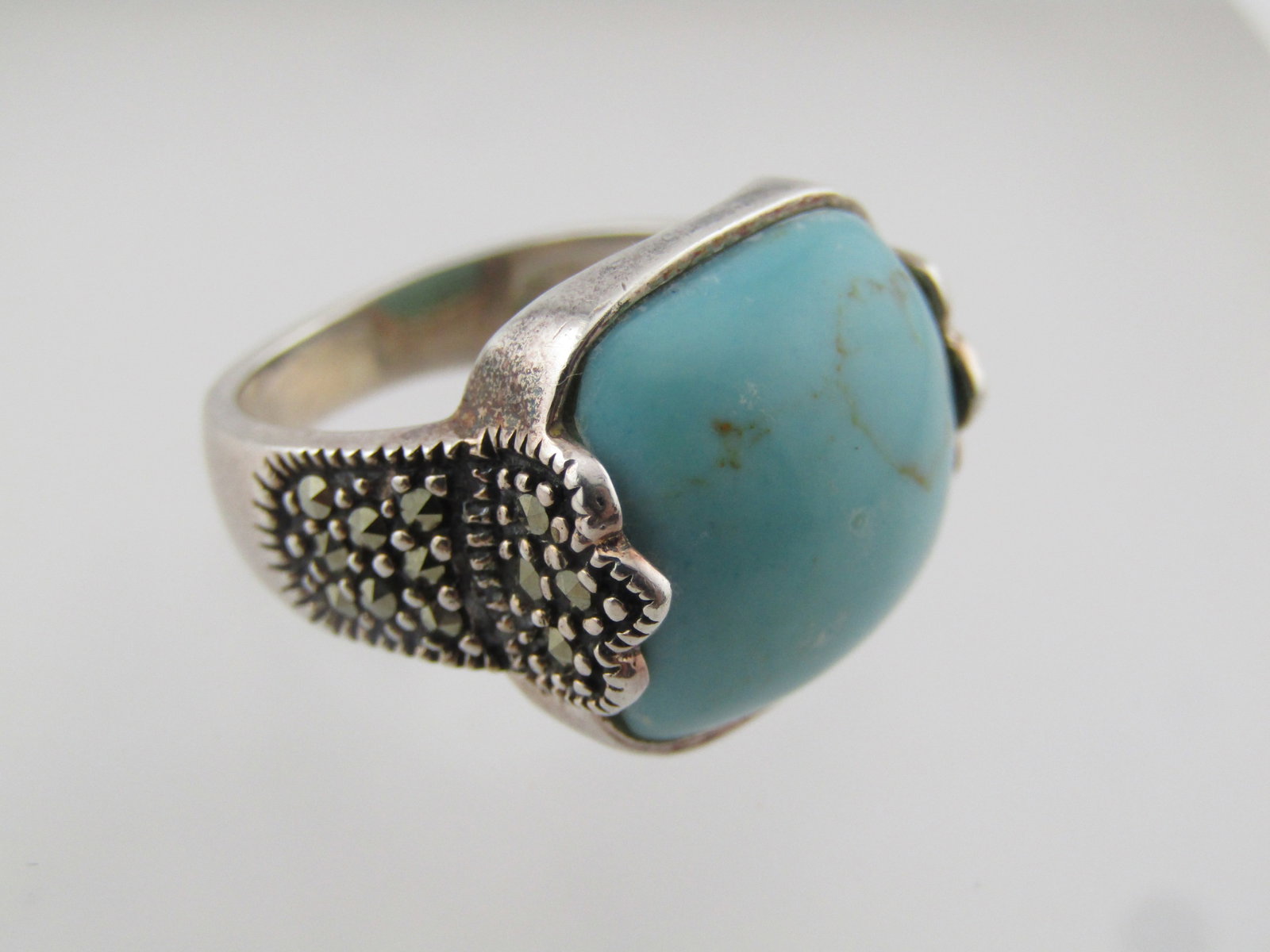 Vintage Sterling Faux Marcasite Turquoise Ring, Sz. 7.25, 1980's-1990's - 6