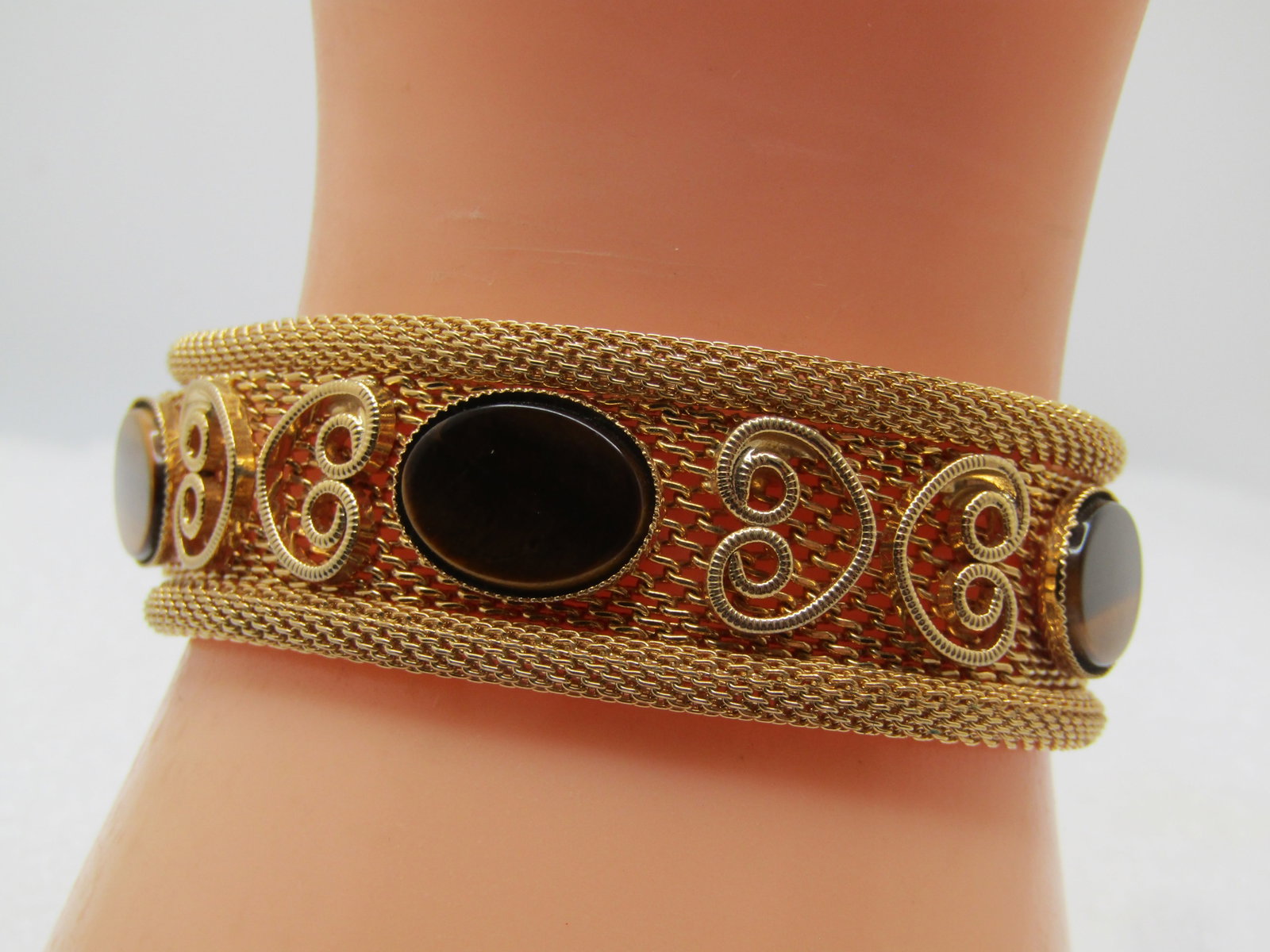 Vintage Mesh/Woven Tiger's Eye Bracelet, Signed Paradise, 7", 1960's-1970's - 2