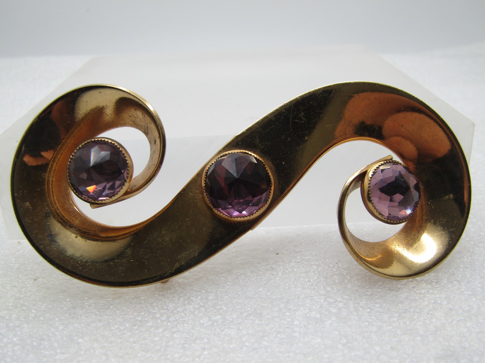 Vintage Curved and Curled Brooch, Purple Glass Stones, Large S, 1960's: Title: Vintage Curved and Curled Brooch, Purple Glass Stones, Large S, 1960's Description: Vintage Curved and Curled Brooch, Purple Glass Stones, Large S, 1960's. The brooch is appx. 3.5" by 1.5" - it