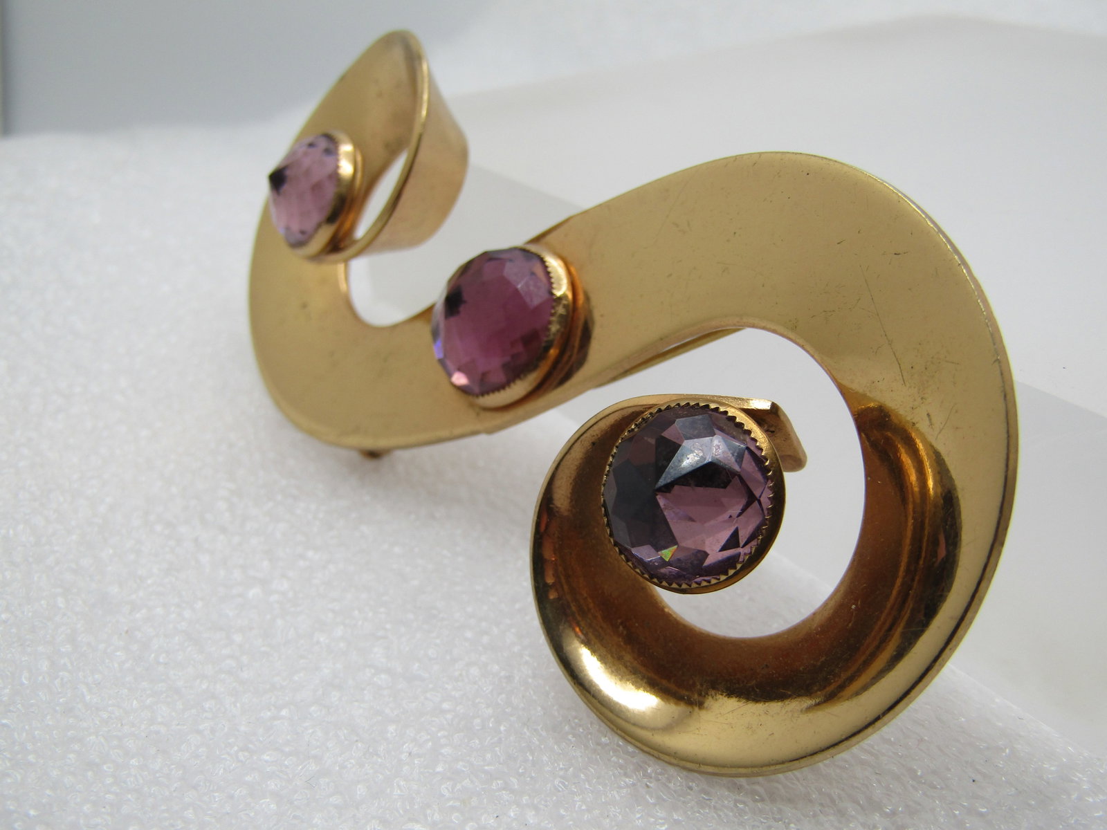 Vintage Curved and Curled Brooch, Purple Glass Stones, Large S, 1960's - 2