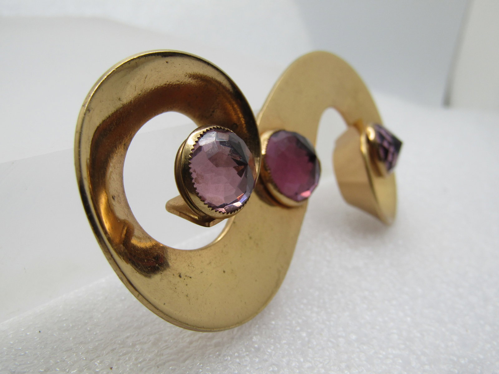 Vintage Curved and Curled Brooch, Purple Glass Stones, Large S, 1960's - 3