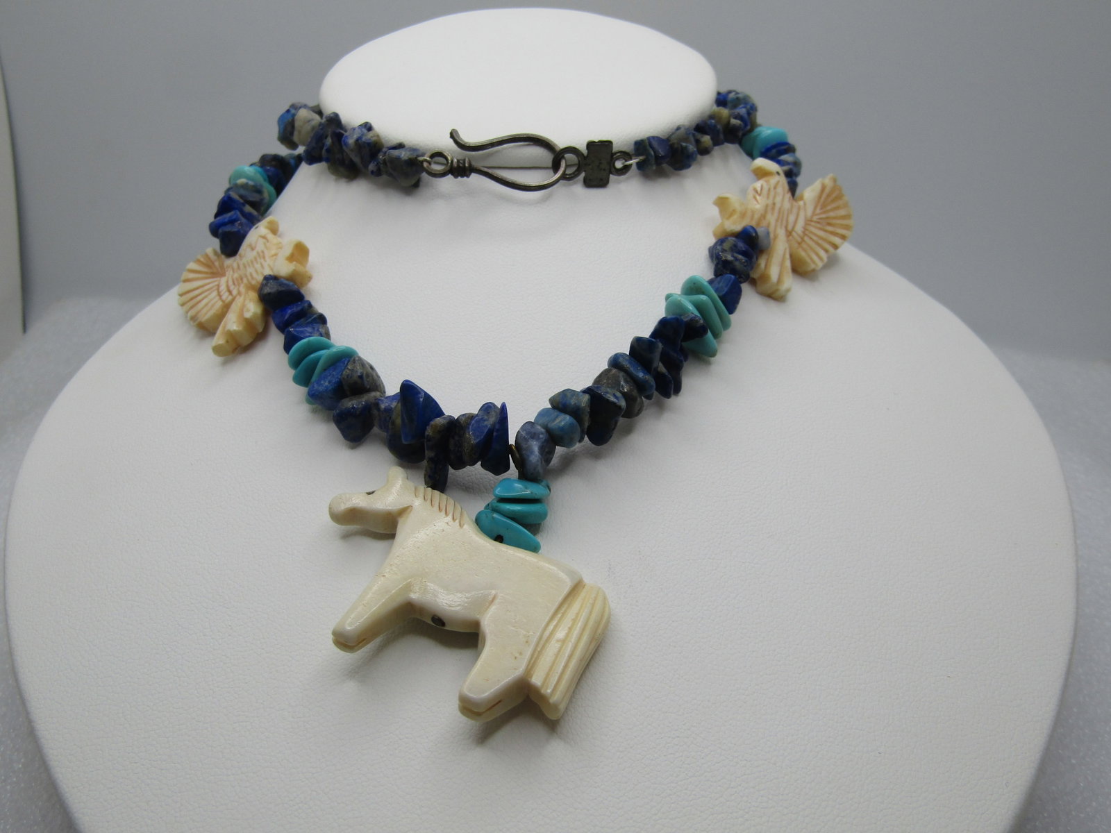 Vintage Southwestern Sodalite and Turquoise Beaded Necklace, Horses and Eagle Faux Fetish, 25", - 2