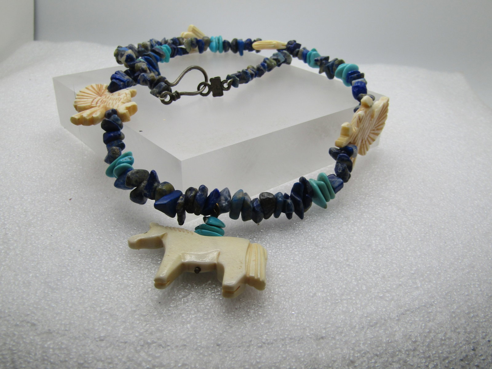 Vintage Southwestern Sodalite and Turquoise Beaded Necklace, Horses and Eagle Faux Fetish, 25", - 4