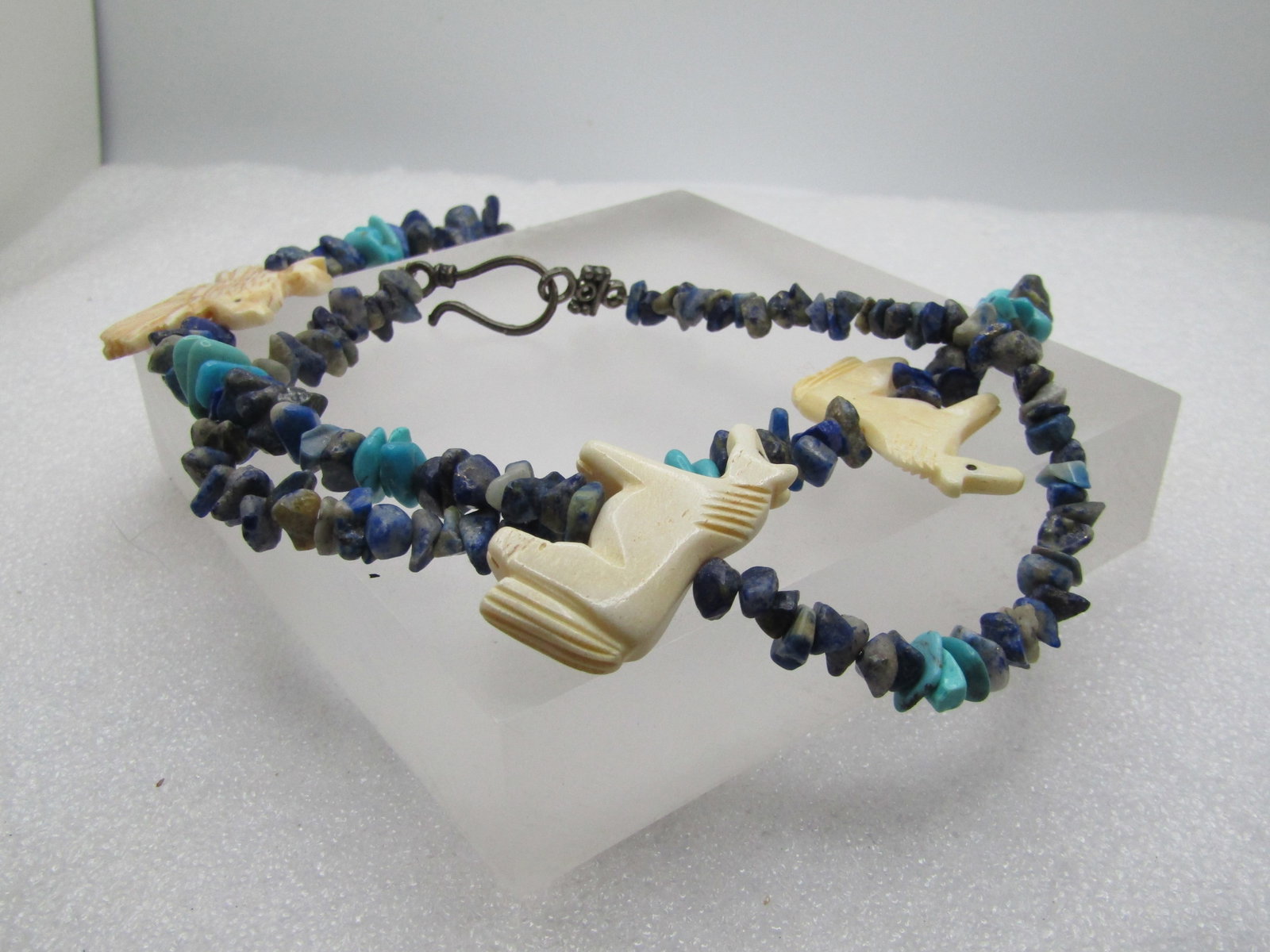 Vintage Southwestern Sodalite and Turquoise Beaded Necklace, Horses and Eagle Faux Fetish, 25", - 5