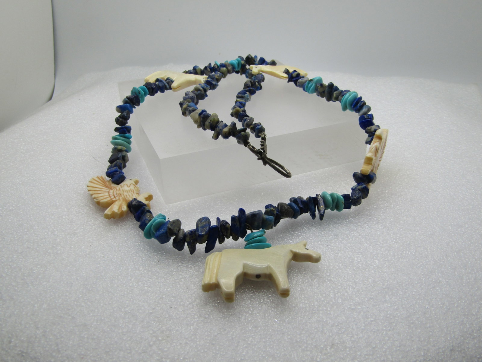 Vintage Southwestern Sodalite and Turquoise Beaded Necklace, Horses and Eagle Faux Fetish, 25", - 6